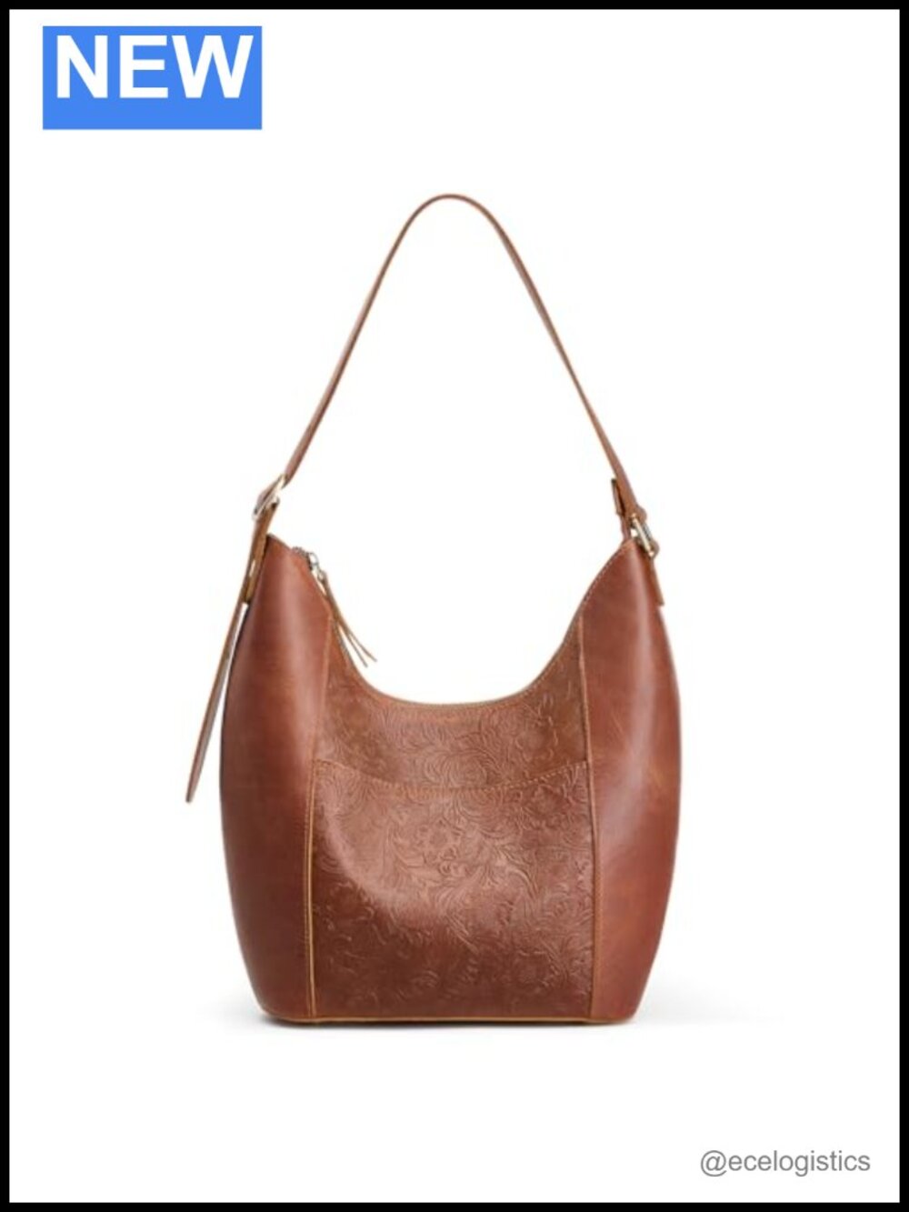 Genuine Leather Hobo Handbag with Rose Carved Pattern Adjustable Shoulder Strap